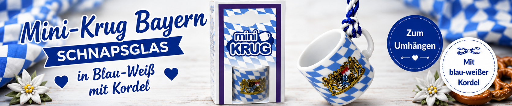 Mini-Krug Bayern zum Umh&auml;ngen in Blau-Wei&szlig; mit Kordel
